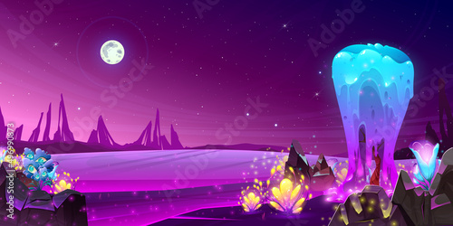 Alien planet landscape with fantasy space plants, magic trees and glowing flowers. Cartoon extraterrestrial background with unusual nature, game or fairy tale beautiful scene, Vector illustration, set