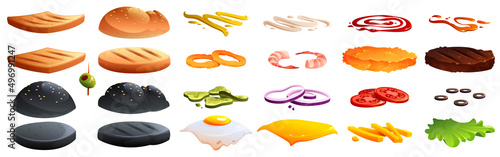Burger and sandwich constructor, isolated vector ingredients bun, olive, onion and egg, cheese, tomato, mustard or ketchup with tomato, meat, cucumber and fried potato elements, Cartoon illustration