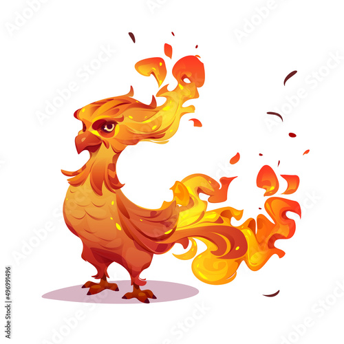 Beautiful phoenix, firebird character with orange burning feathers. Vector cartoon illustration of fairy tale fenix, mythology magic bird with fire isolated on white background