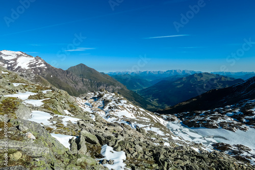 Panoramic view on the mountains of High Tauern Alps in Carinthia and Salzburg, Austria, Europe. Glacier lakes of the Goldbergkees in the Hohe Tauern National Park. Patagonia like landscape. Snow photo