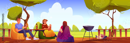 People rest on wooden terrace with popcorn, beer, and bbq. Vector cartoon illustration of backyard with green trees and patio with cooking grill, table, man and girls sitting in chairs