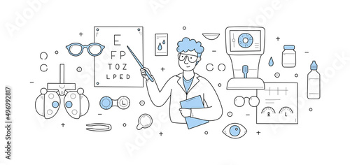 Eye check, ophthalmology diagnostics, vision correction, optometry doodle concept. Ophthalmologist checking eyesight of patient. Oculist show letters at eye test board, Line art vector illustration