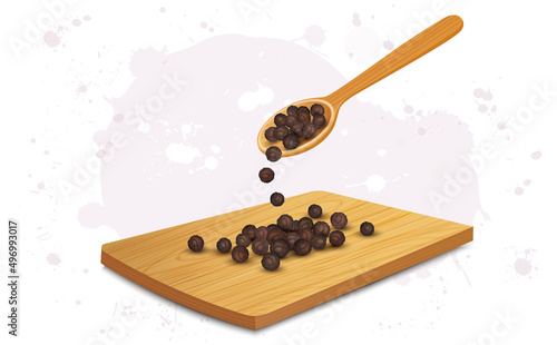 Vector illustration of black pepper seeds With wooden chopping board and spoon