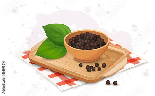 A wooden bowl full of dried black pepper, peppercorn seeds vector illustration
