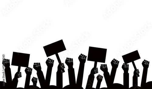 Group of fists raised in air. Group of protestors fists raised up in the air vector illustration