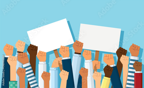 Group of fists raised in air. Group of protestors fists raised up in the air vector illustration