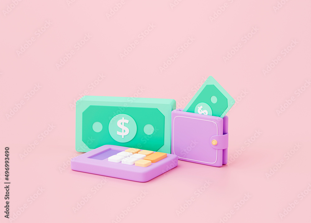 Calculator and money wallet investment saving finance concept on pink background 3d rendering Calculator and money wallet investment saving finance concept on pink background 3d rendering