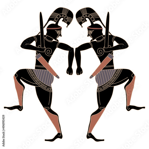 Symmetrical design with two fighting ancient Greek warriors. Ethnic style.