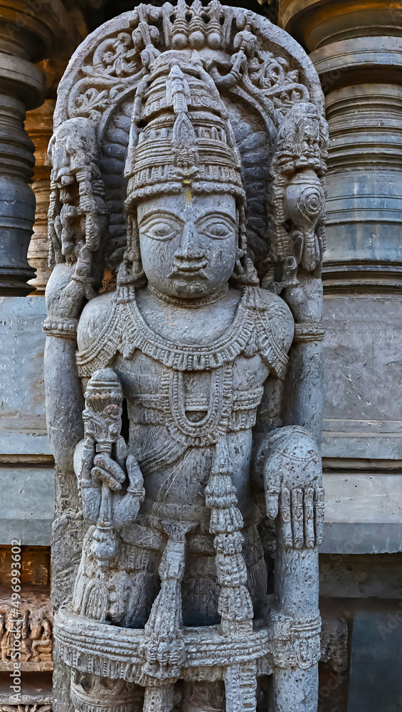 Statue of Jaya, gatekeeper of Vaikuntha at entrance of Sri Lakshimi Narasimha Swamy Temple, Javagal, Hassan, Karnataka, India
