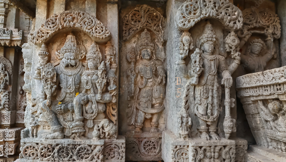 Sculpture of Lord Sri Lakshimi Narasimha Swamy and Lord Vishnu on the wall of Lakshminarsimha Temple, Javagal, Hassan, Karnataka, India