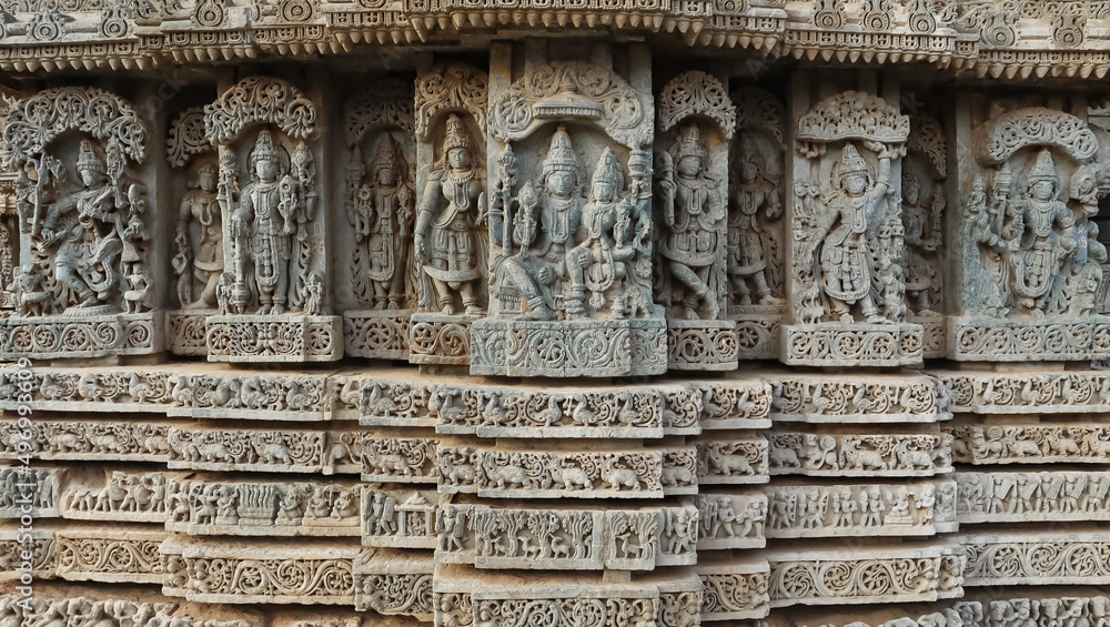 Stone Sculpture of Indian Lords Krishna, Vishnu, Lord Bramha on the Lakshminarsimha Temple, Javagal , Hassan, Karnataka, India Stone Sculpture of Indian Lords Krishna, Vishnu, Lord Bramha on the Lakshminarsimha Temple, Javagal , Hassan, Karnataka, India