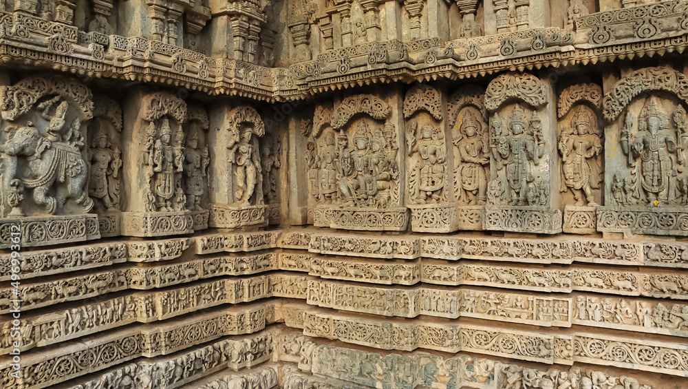 Sculptures of Indian Gods on the Lakshminarsimha Temple, Javagal, Hassan, Karnataka, India