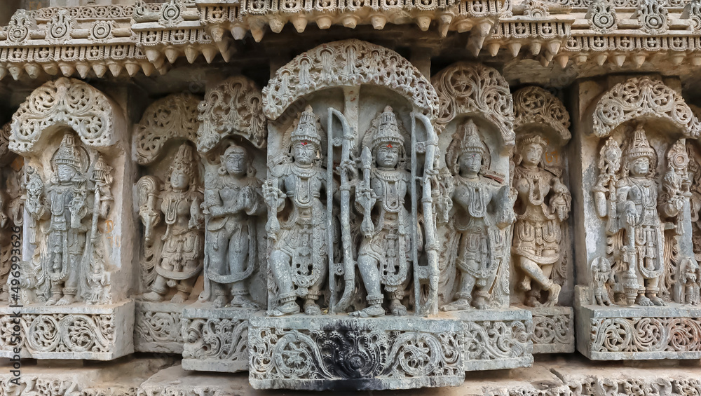 Sculpture of Lord Rama and Lakshmana with a bow, Lakshminarsimha Temple, Javagal , Hassan, Karnataka, India