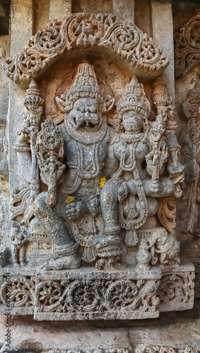 Sculpture of Lord Sri Lakshimi Narasimha Swamy on wall of Sri Lakshimi Narasimha Swamy Temple, Lakshminarsimha Temple, Javagal , Hassan, Karnataka, India