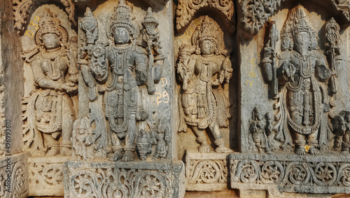Sculpture of Lord Bramha and Lord Vishnu on the Lakshminarsimha Temple, Javagal , Hassan, Karnataka, India photo