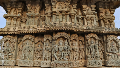Sculptures of indian Gods Vishnu, Lord Varun on the wall of Lakshminarsimha Temple, Javagal , Hassan, Karnataka, India
