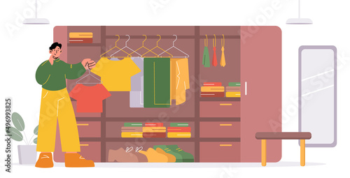 Man choose t-shirt in wardrobe. Vector flat illustration of cloakroom with male garment, ties and footwear in cabinet, hangers, and mirror. Person in walk in closet with open wardrobe