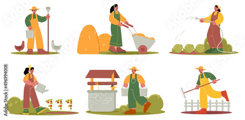 Farmers work on agriculture field and garden. Vector flat illustration of village people, rural workers watering vegetables, feed hen, with wheelbarrow, hay, buckets and rake