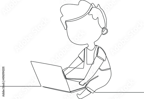 Continuous line drawing of child boy using a laptop and study online with video call teacher at home. Vector illustration.