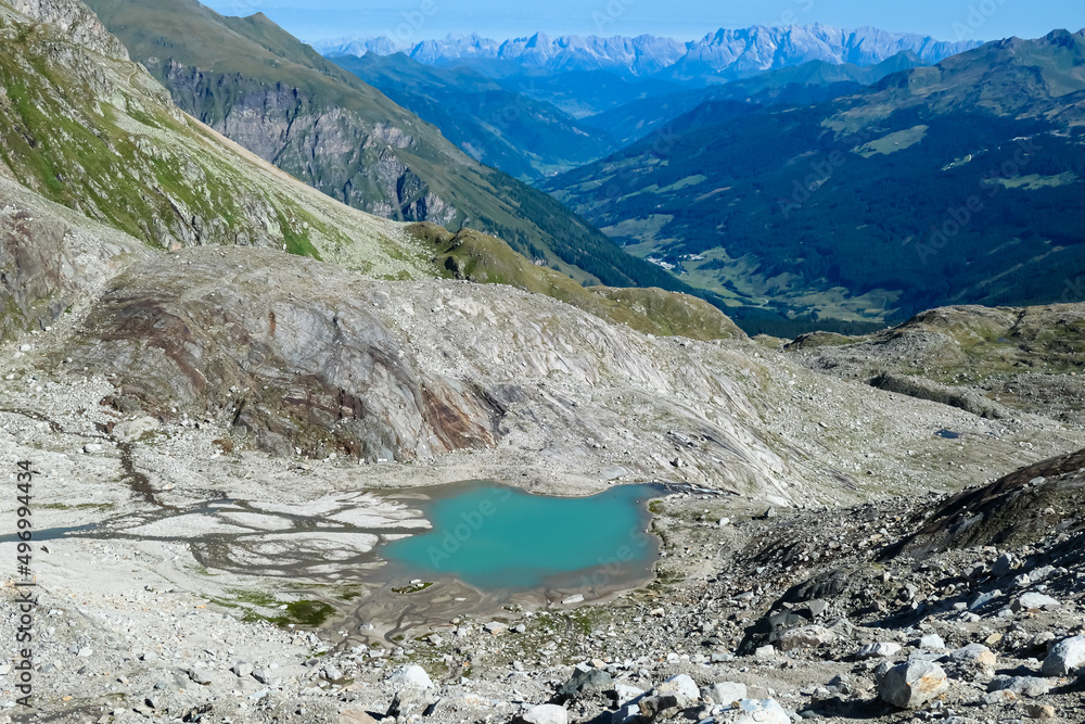 Panoramic view on Badgastein in the High Tauern valley in Carinthia and Salzburg, Austria, Europe. Mountain range in Pongau in Hohe Tauern National Park, Alps. High altitude landscape. Glacier lake