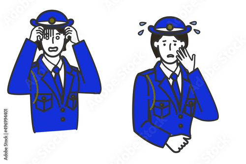 ボブヘアーの警察官の制服を着た穏やかそうな女性警察官の表情のバリエーションセットの白バックのシンプルな線画のイラスト