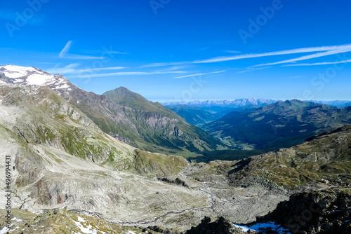 Panoramic view on Badgastein in the High Tauern valley in Carinthia and Salzburg, Austria, Europe. Mountain ranges in Pongau in the Hohe Tauern National Park, Alps. High altitude landscape. Sunny day