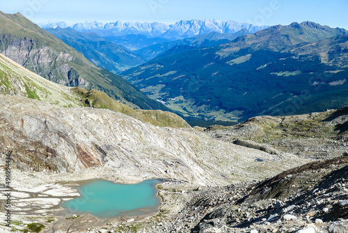Panoramic view on Badgastein in the High Tauern valley in Carinthia and Salzburg, Austria, Europe. Mountain range in Pongau in Hohe Tauern National Park, Alps. High altitude landscape. Glacier lake
