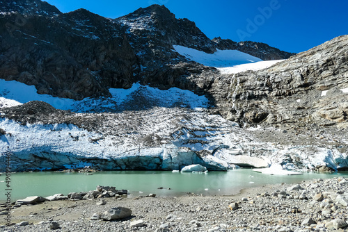 Panoramic view on a glacier lake on the feet of Hoher Sonnblick in the mountains of High Tauern Alps in Carinthia, Salzburg, Austria, Europe. Goldbergkees in Hohe Tauern National Park. Like Patagonia