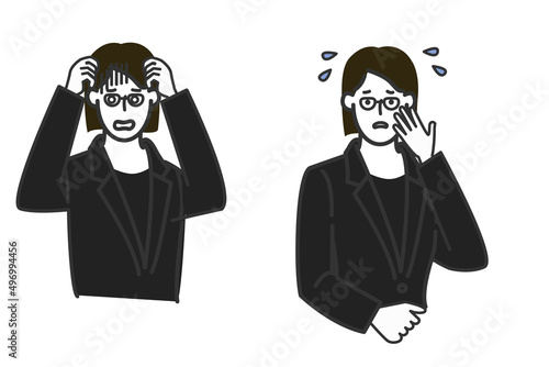 おかっぱのメガネとかけ喪服を着た穏やかそうな葬儀屋の女性職員表情のバリエーションセットの白バックのシンプルな線画のイラスト