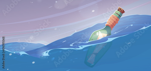 Letter in bottle floating in sea. Vector cartoon illustration of paper message from castaway, lost after shipwreck or pirate. Bottle with cork and parchment scroll inside on ocean waves at storm