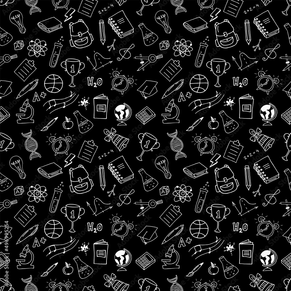 Sketchy vector hand drawn doodle cartoon set of school objects and symbols. Seamless pattern on black background Sketchy vector hand drawn doodle cartoon set of school objects and symbols. Seamless pattern on black background