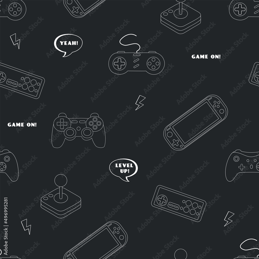 Cute seamless outline pattern in pixel game style. Colorful gamer template with gamepads, game slogans and gamer aesthetics. Flat cartoon vector illustration Cute seamless outline pattern in pixel game style. Colorful gamer template with gamepads, game slogans and gamer aesthetics. Flat cartoon vector illustration