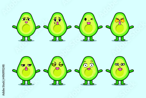Set kawaii avocado cartoon character with different expressions of cartoon face vector illustrations