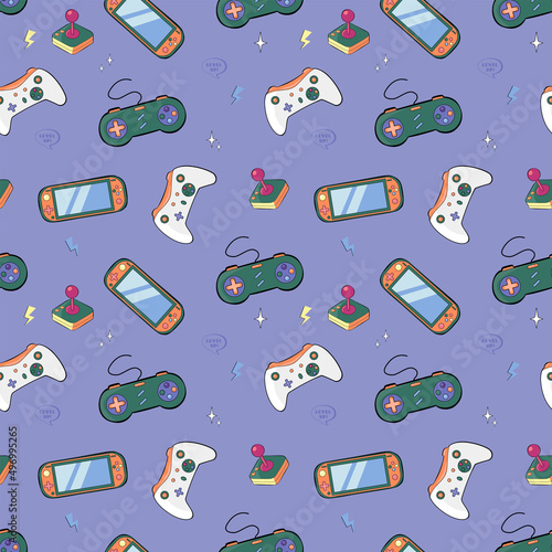 Cute seamless abstract pattern in pixel game style. Colorful gamer template with gamepads, game slogans and gamer aesthetics. Flat cartoon vector illustration