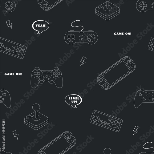 Cute seamless outline pattern in pixel game style. Colorful gamer template with gamepads, game slogans and gamer aesthetics. Flat cartoon vector illustration
