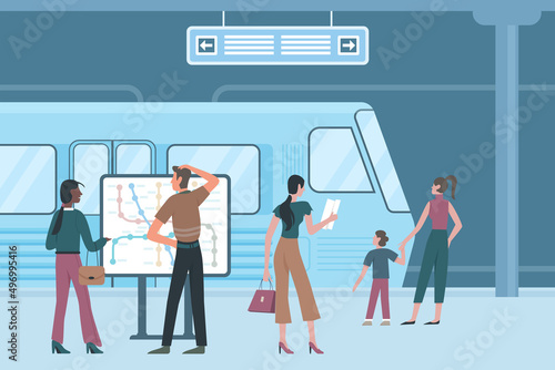 Underground subway station interior with passengers and electric train in tunnel. People standing on railroad platform, walking to carriage flat vector illustration. City infrastructure concept