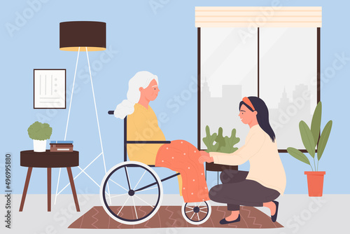 Home care services for elder people. Help of young female volunteer caregiver to old patient, disabled woman sitting in wheelchair flat vector illustration. Healthcare, retirement, disability concept