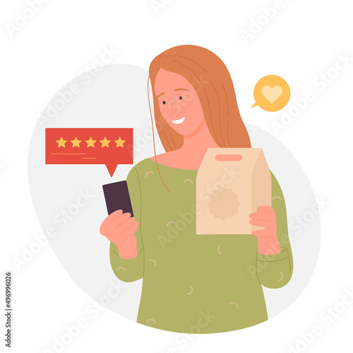 Happy female client giving positive feedback. Customer review and rank satisfaction flat vector illustration photo