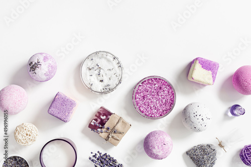 Bild auf Leinwand Natural Lavender essential fragrant aromatherapy, bath bomb, soap, bottle essential oil, jar with sea salt