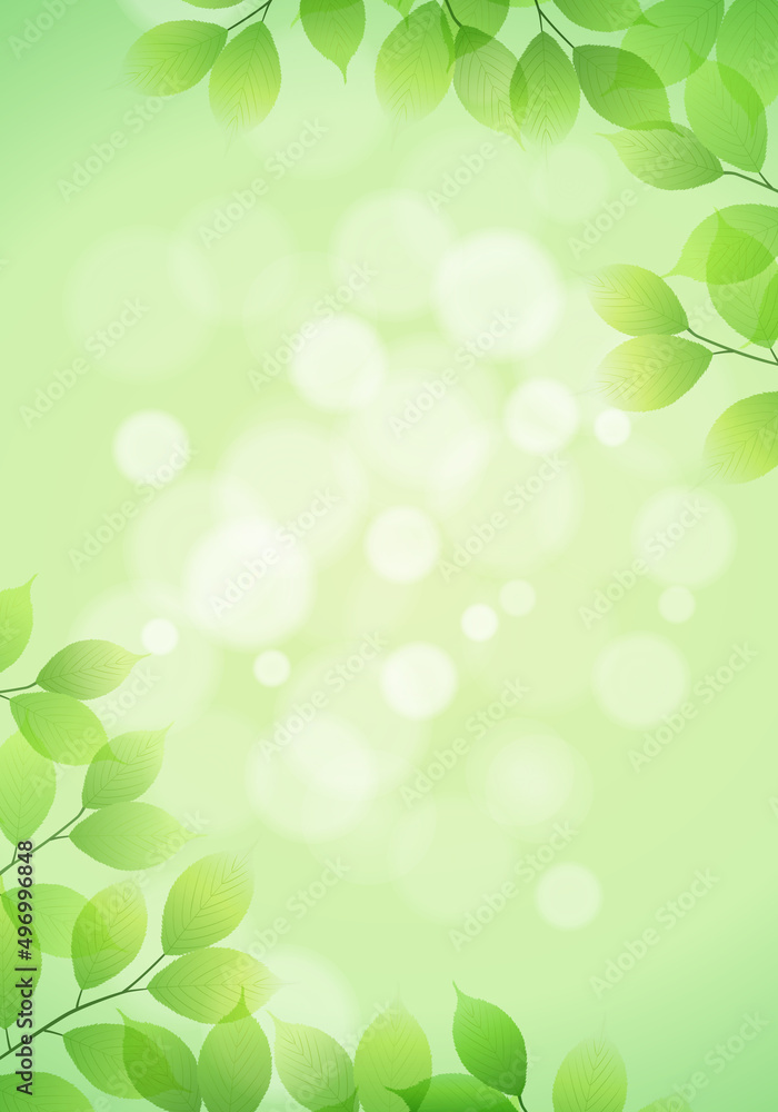 Fototapeta premium 新緑の葉と玉ボケの光のベクターイラスト背景(フレッシュ,コピースペース,art,narural,fresh,green)