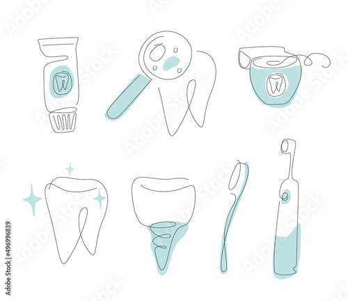 Dental care one line set. Tooth line art set. Outline implant vector illustration. One line tooth brush collection.