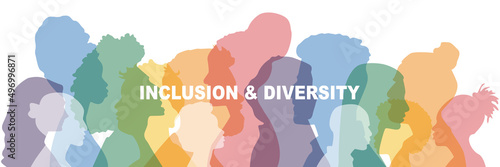 Inclusion and Diversity banner. Different people stand side by side together. Flat vector illustration.