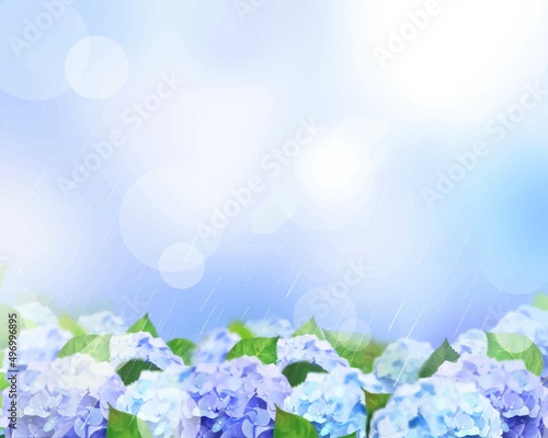 梅雨の時期に咲く美しい薄紫色と水色のあじさいと葉っぱの光差し込むボケの背景イラスト素材