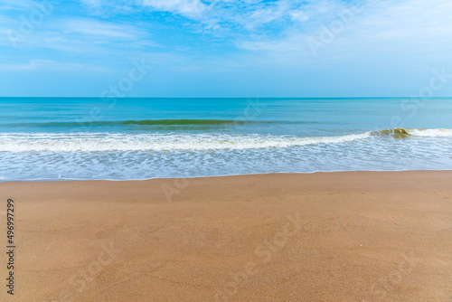 Landscape of sea beach sand and cloudy blue sky with sunny in nice weather day at Phuket sea Thailand.