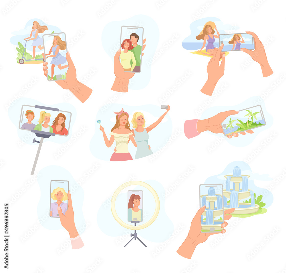 Hands Holding Smartphone Recording Video with Camera Filming Picture on Screen Vector Set