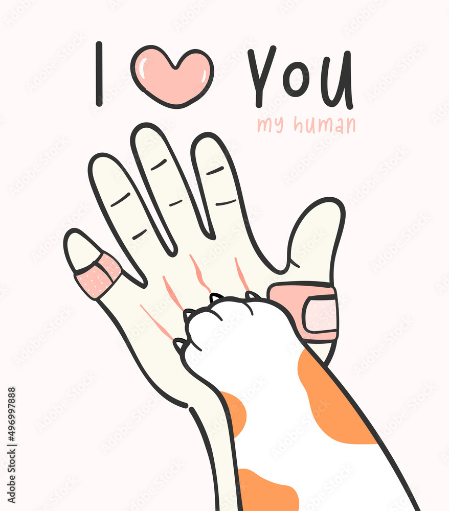 cute greeting card animal, cute kitty cat paw on human hand cartoon doodle vector cute greeting card animal, cute kitty cat paw on human hand cartoon doodle vector