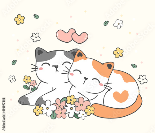 animal pet greeting card, two couple lover cute happy kitty cat sit in flower garden together cartoon drawing vector doodle, welcome spring