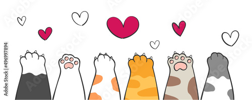 cute greeting card banner animal, group of differnet cut kitty cat paw legs hand with heart cartoon doodle vector banner