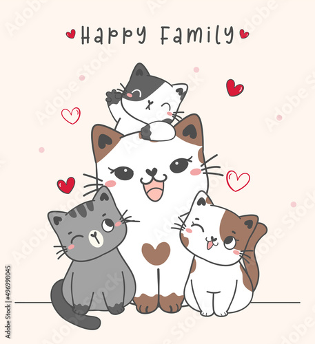 Fototapeta Naklejka Na Ścianę i Meble -  cute family kitty cat, mom, son and daughter cartoon drawing vector illustration, single super mom, mother's day concept