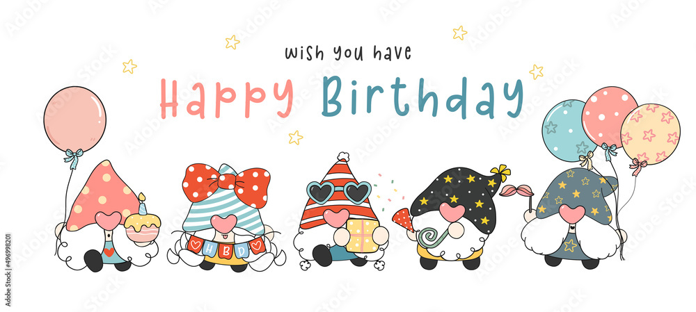 Fototapeta premium cute happy Birthday Gnomes greeting card, group of baby gnomes party cartoon drawing vector, Happy birthday celebration